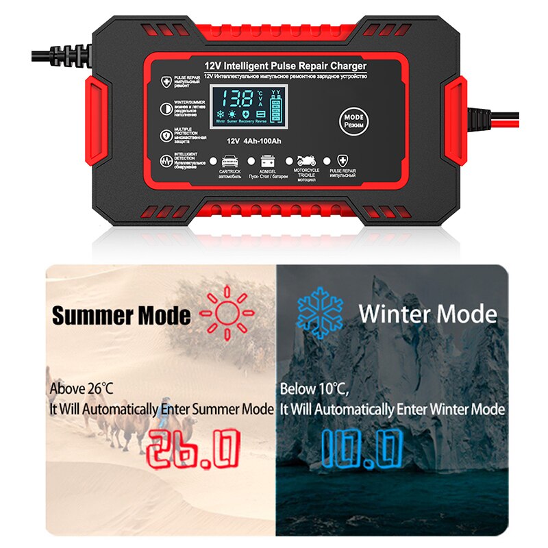 12V Pulse Repair Battery Charger with 6A Output and LCD Voltage Display