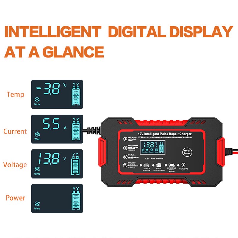 12V Pulse Repair Battery Charger with 6A Output and LCD Voltage Display