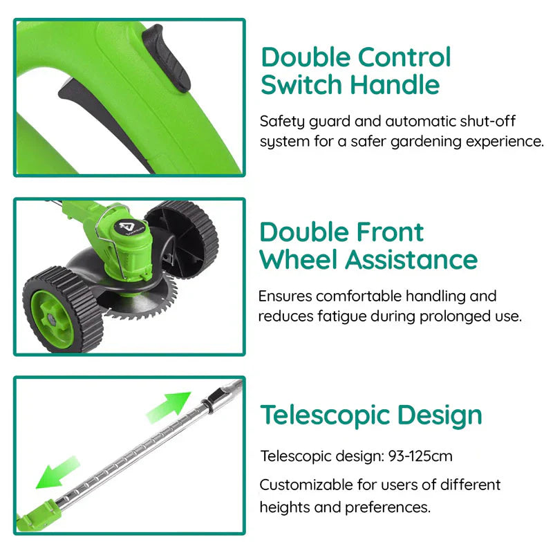 Cordless Grass Trimmer with Adjustable Telescopic Handle and Multi-Angle Cutting Head, Three Interchangeable Blades