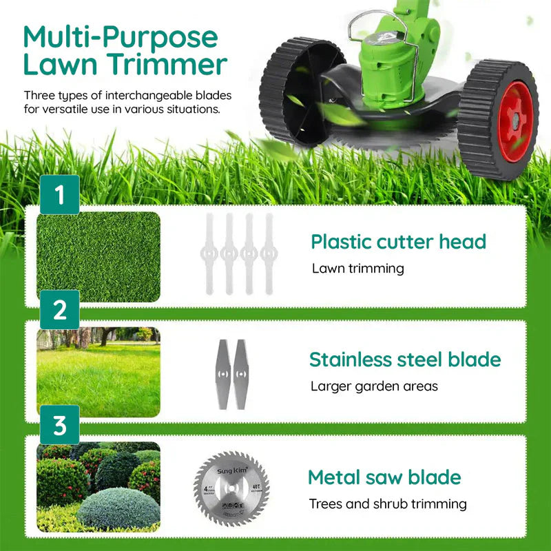 Cordless Grass Trimmer with Adjustable Telescopic Handle and Multi-Angle Cutting Head, Three Interchangeable Blades