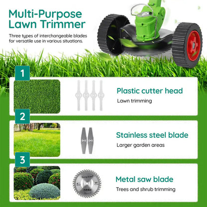 Cordless Grass Trimmer with Adjustable Telescopic Handle and Multi-Angle Cutting Head, Three Interchangeable Blades