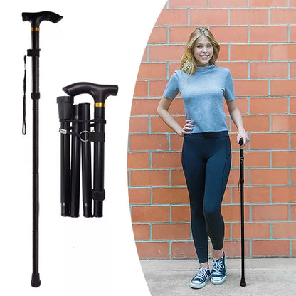 Telescopic Walking Stick with Ergonomic Grip and Wrist Strap, Four-Section Folding Design
