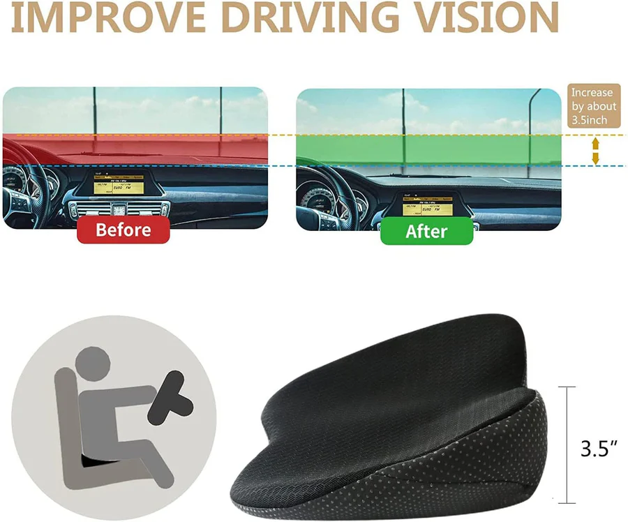 Car Seat Cushion with 3.5-Inch Height Boost and Contoured Memory Foam, Removable Cover