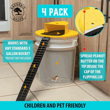 Bucket Mouse Trap with Auto-Reset Lid and Ladder Trigger for 5-Gallon Buckets, 4-Pack