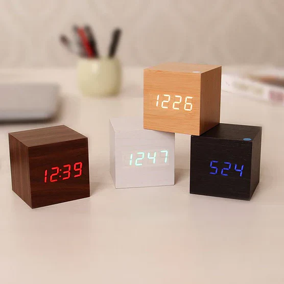 Wooden Digital Clock with Hidden LED Numerals and Alarm Function, USB or Battery Power