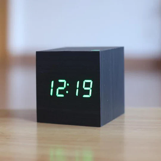 Wooden Digital Clock with Hidden LED Numerals and Alarm Function, USB or Battery Power
