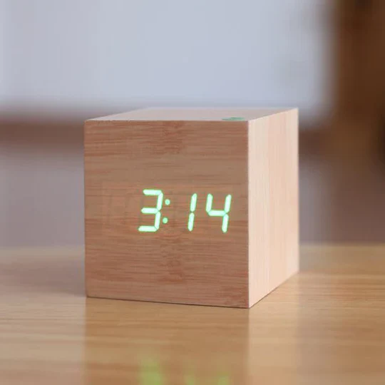 Wooden Digital Clock with Hidden LED Numerals and Alarm Function, USB or Battery Power