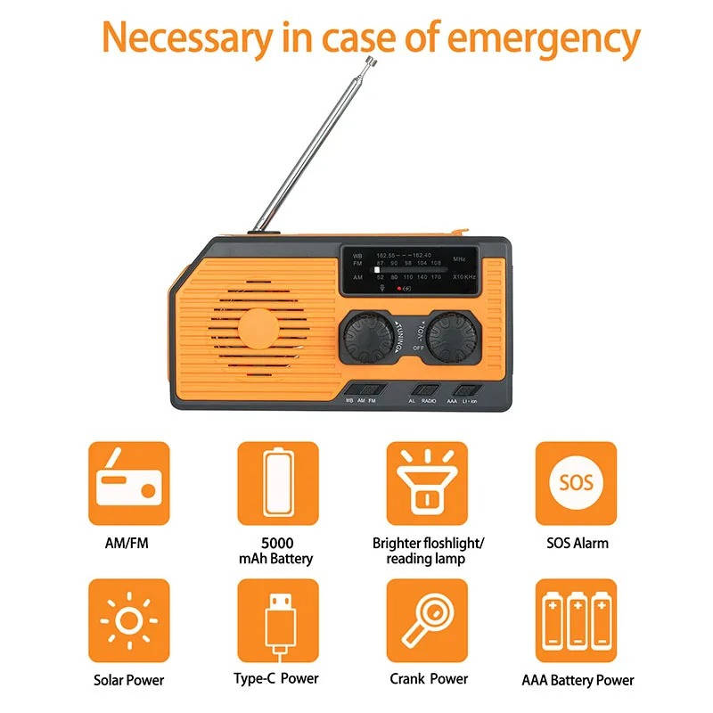 Emergency Radio with Solar Panel and Hand Crank, AM/FM Weather Band