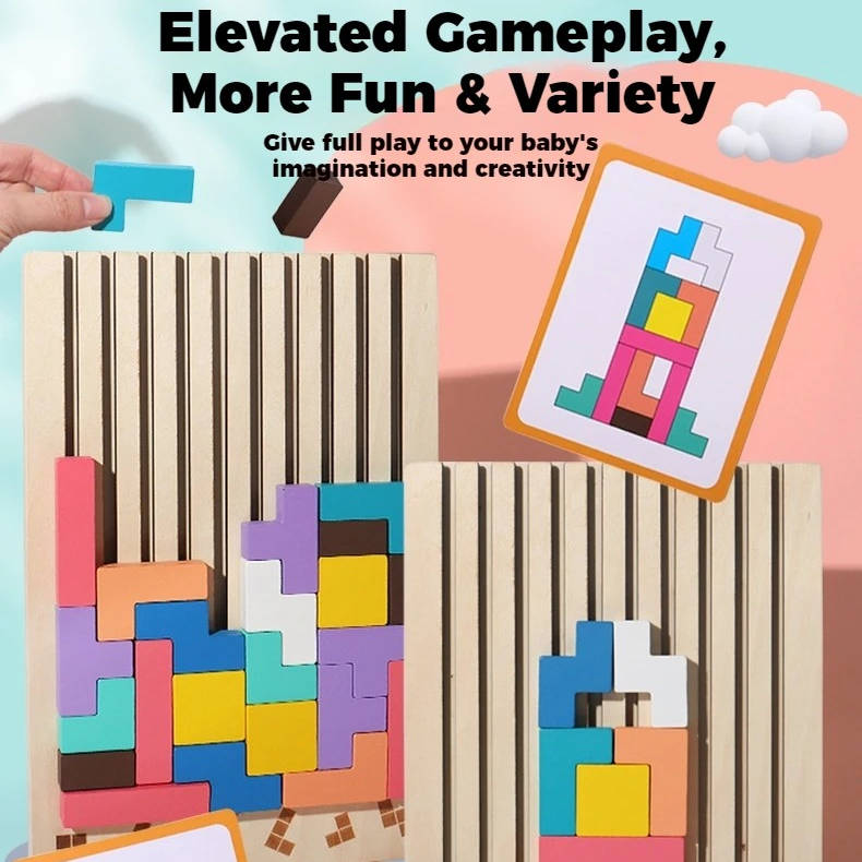 Wooden Block Puzzle Set with Foldout Stand and 10 Puzzle Cards, 42 Pieces