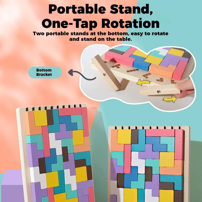 Wooden Block Puzzle Set with Foldout Stand and 10 Puzzle Cards, 42 Pieces