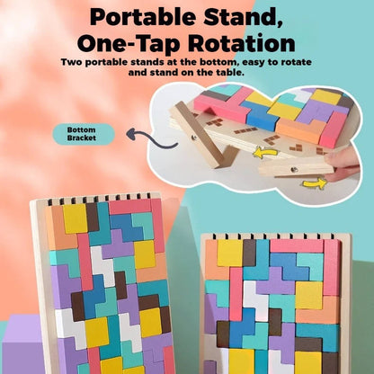 Wooden Block Puzzle Set with Foldout Stand and 10 Puzzle Cards, 42 Pieces