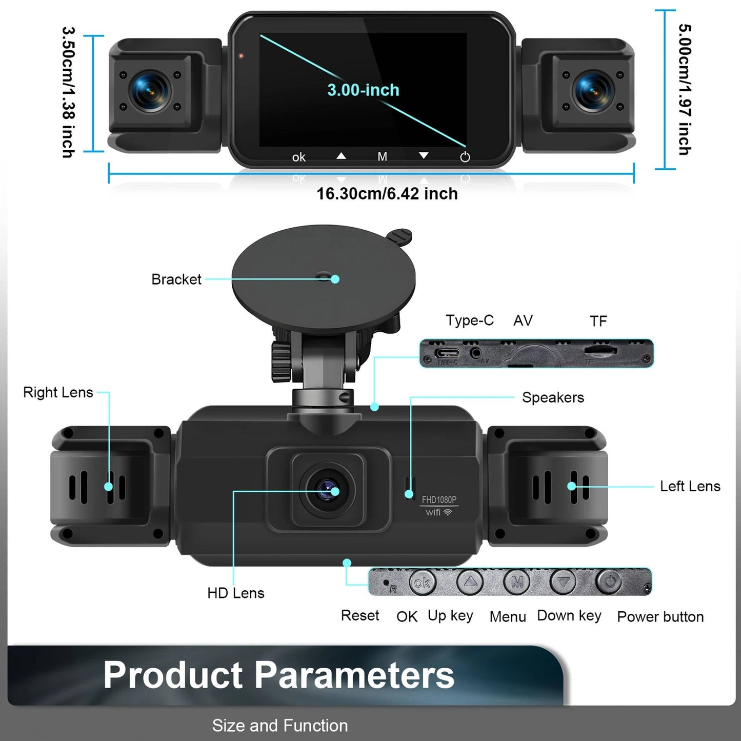 4 Channel Dash Cam with Night Vision and WiFi Mobile App, Front 1080p Side/Rear 720p