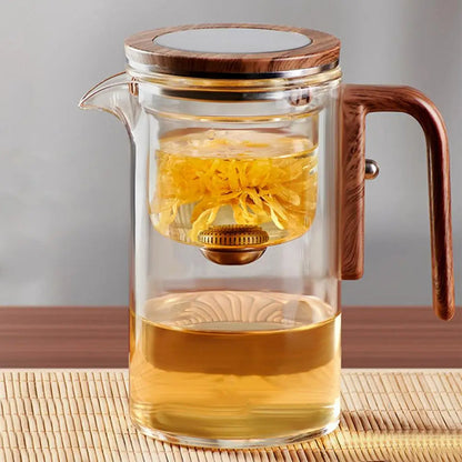 Glass Teapot with Removable Infuser Basket and Wooden Handle, Drip Free Spout