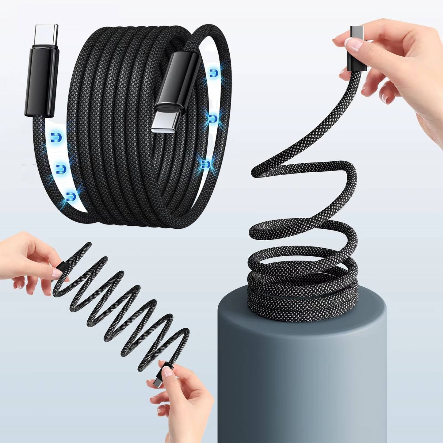 Automatic Magnetic Coiling Charging Cable with Braided Protection and Dual Connector