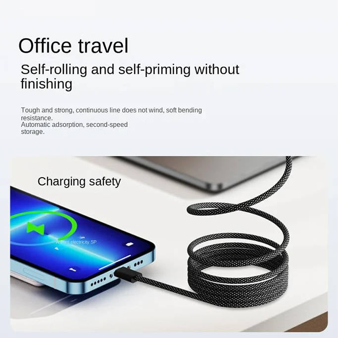 Automatic Magnetic Coiling Charging Cable with Braided Protection and Dual Connector