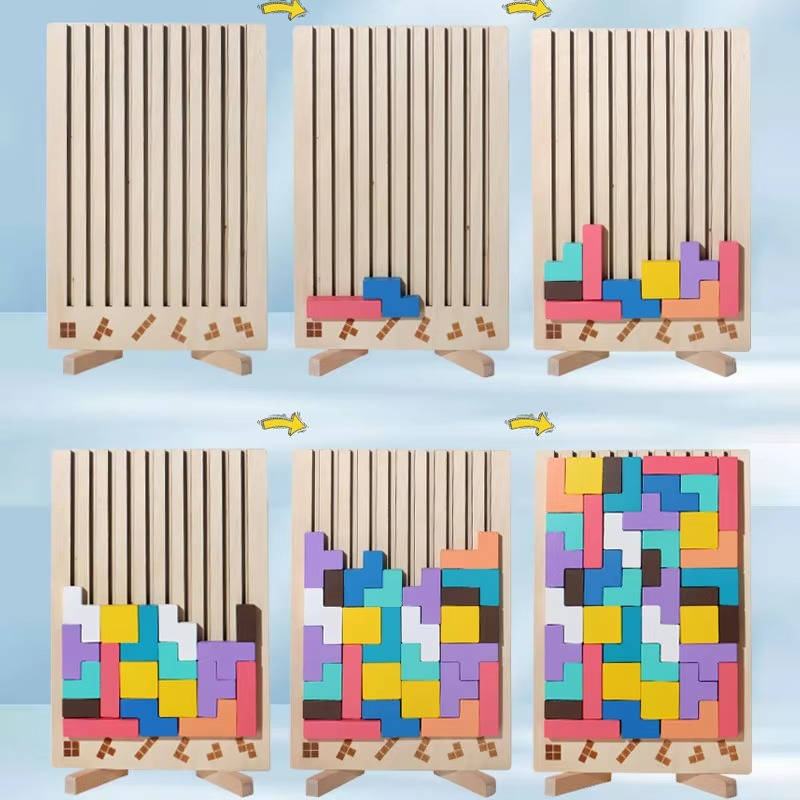 Wooden Block Puzzle Set with Foldout Stand and 10 Puzzle Cards, 42 Pieces