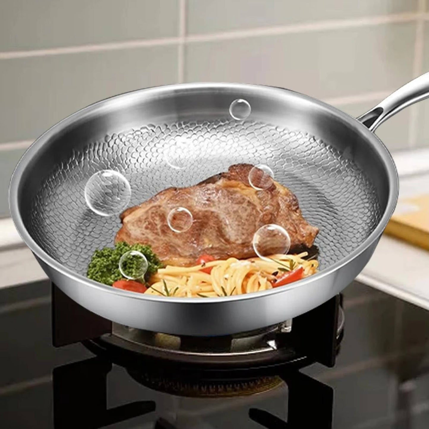 Titanium Steel Skillet with Fish Scale Texture and Thick Bottom, Multi-Stove Compatible