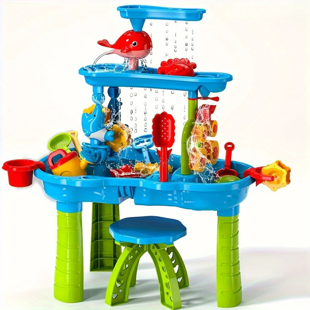Outdoor Sand and Water Play Table with 3 Separate Zones and 15 Accessories