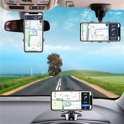 Car Phone Mount with 360° Rotation and One-Hand Release for Visor, Mirror and Dashboard