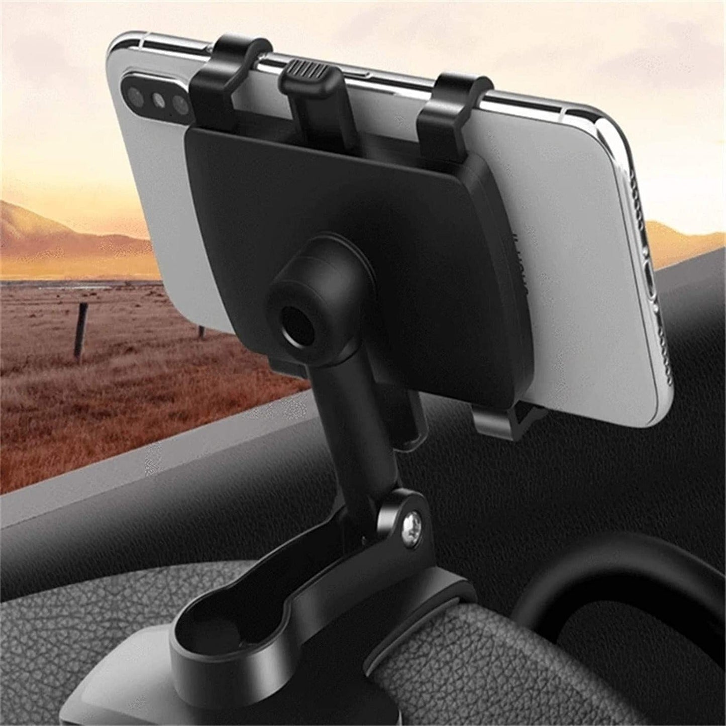 Car Phone Mount with 360° Rotation and One-Hand Release for Visor, Mirror and Dashboard