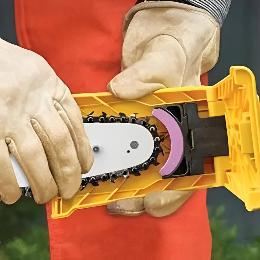 Chainsaw Sharpener with Press Sharpening and Guided Alignment for 14-20in Two-Hole Bars