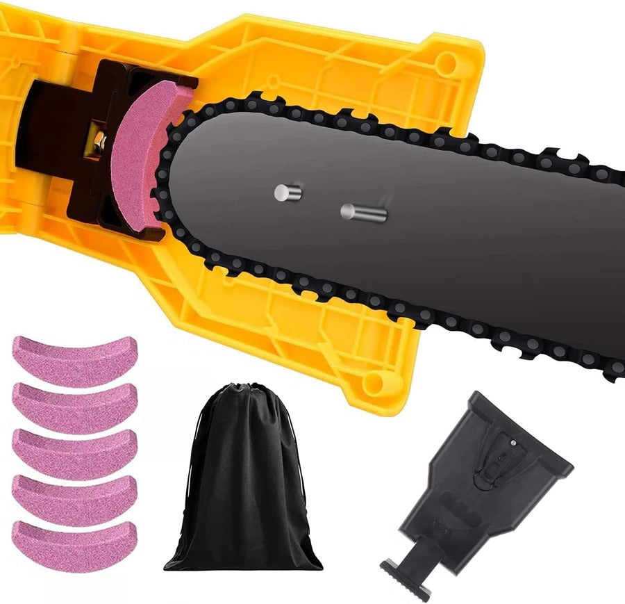 Chainsaw Sharpener with Press Sharpening and Guided Alignment for 14-20in Two-Hole Bars