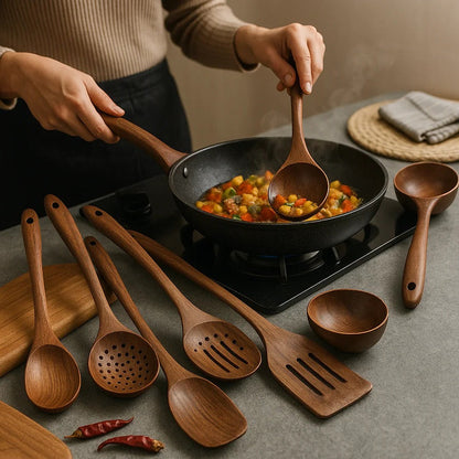 Teak Wood Kitchen Utensil Set with Nonstick Pan Protection, 4-Piece