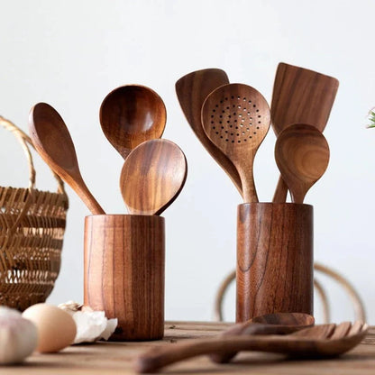 Teak Wood Kitchen Utensil Set with Nonstick Pan Protection, 4-Piece