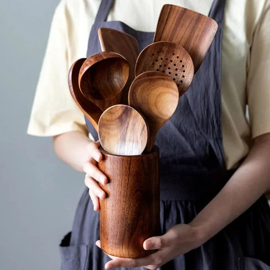 Teak Wood Kitchen Utensil Set with Nonstick Pan Protection, 4-Piece