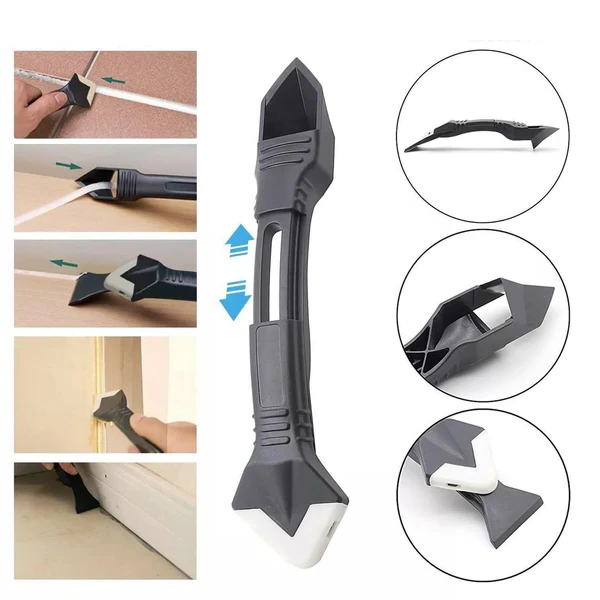 Caulk Remover Tool with Four-Profile Rubber Blade and Integrated Stainless Scraper