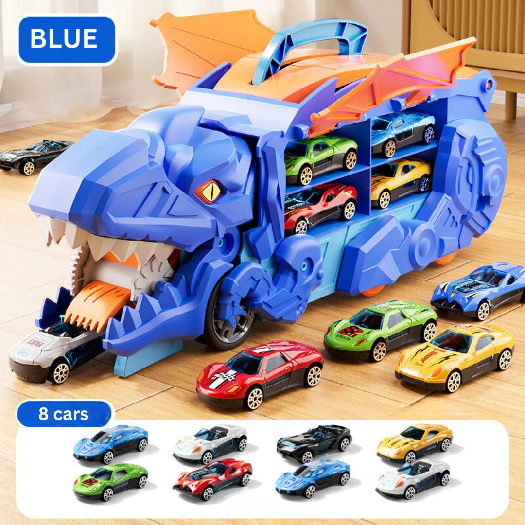 Transforming Dinosaur Truck with Dual Racing Tracks and Car Storage
