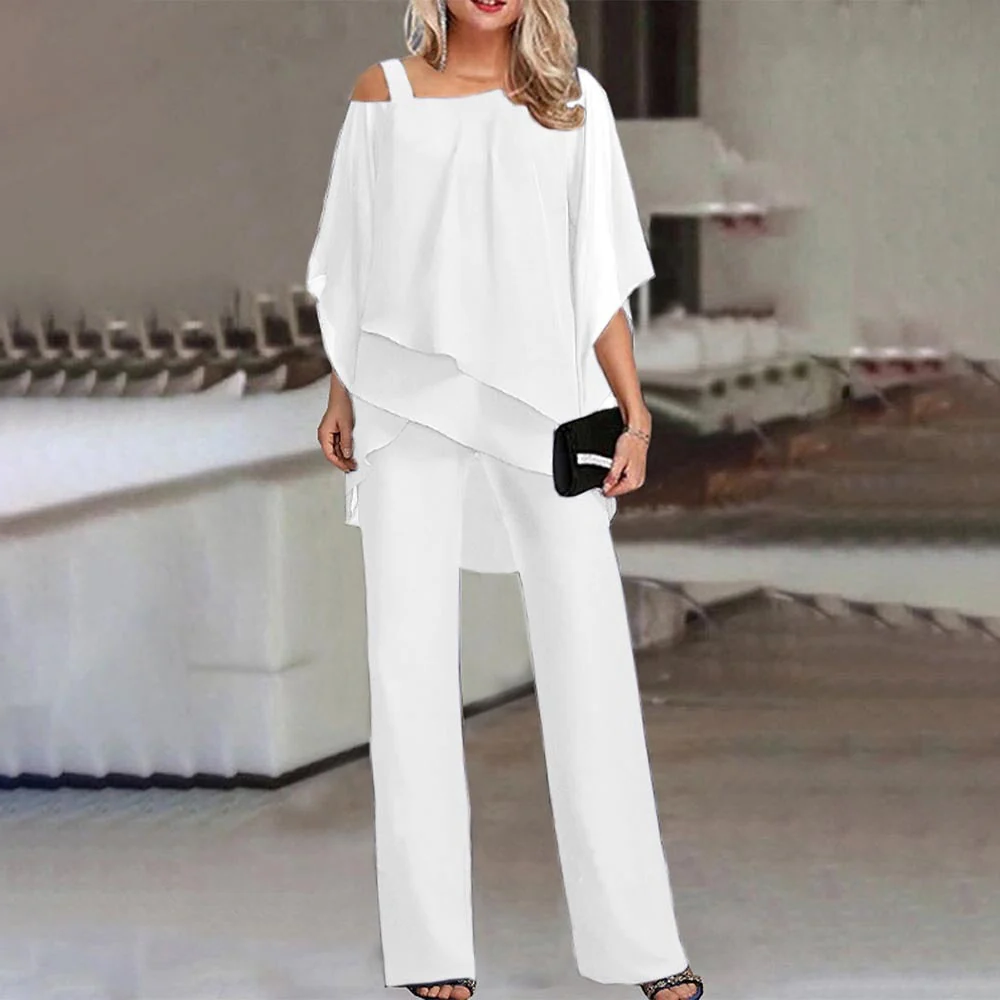 Women's Cold Shoulder Top with Long Trousers, Two Piece Suit Set