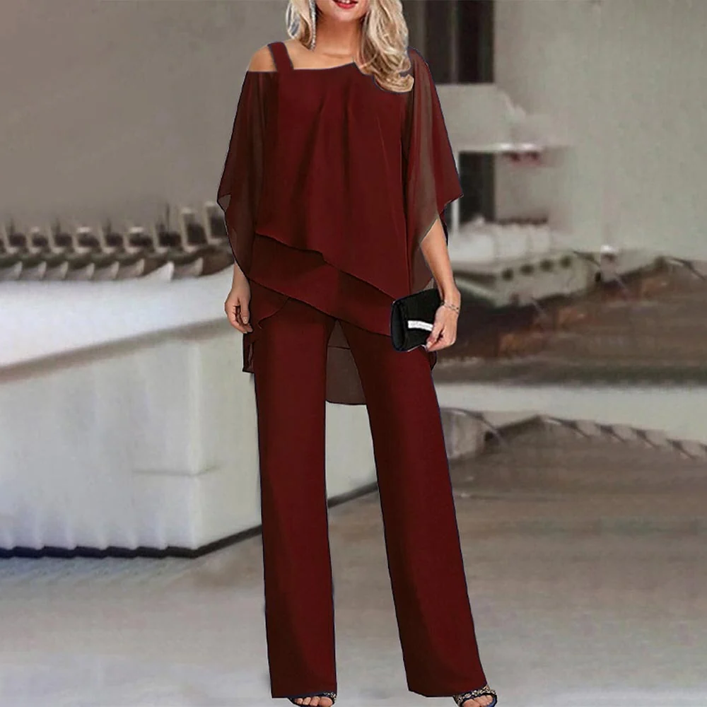 Women's Cold Shoulder Top with Long Trousers, Two Piece Suit Set