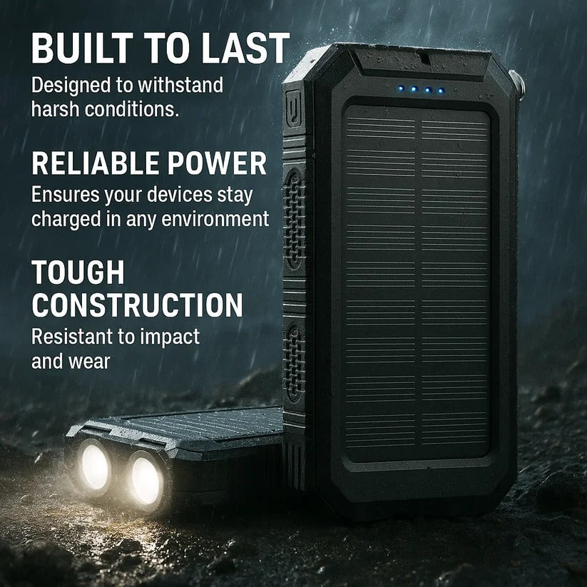 Solar Power Bank 500000mAh with Dual USB Ports and Built-in LED Lights, IP44 Waterproof
