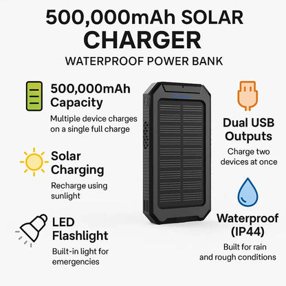 Solar Power Bank 500000mAh with Dual USB Ports and Built-in LED Lights, IP44 Waterproof