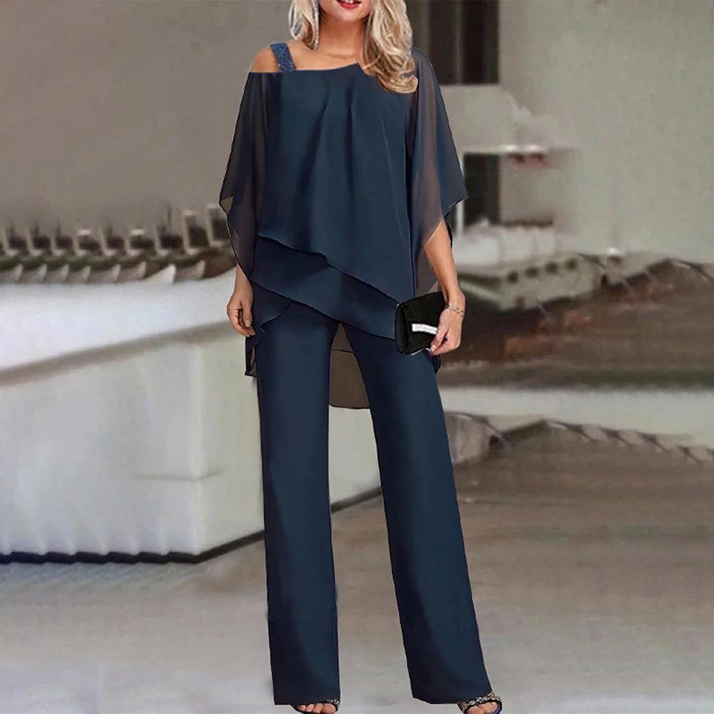 Women's Cold Shoulder Top with Long Trousers, Two Piece Suit Set