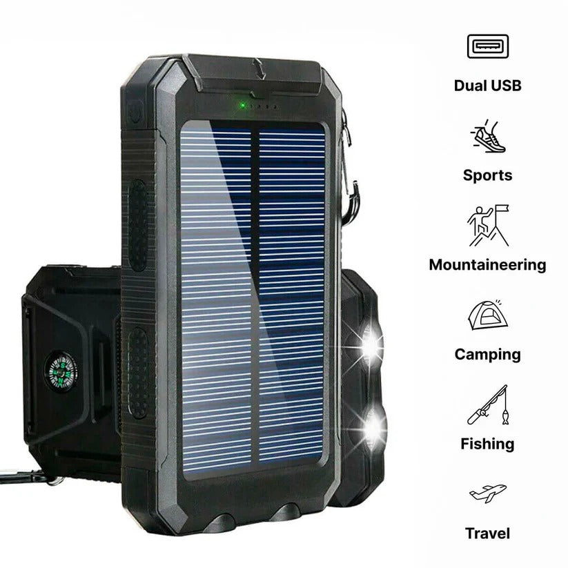 Solar Power Bank 500000mAh with Dual USB Ports and Built-in LED Lights, IP44 Waterproof