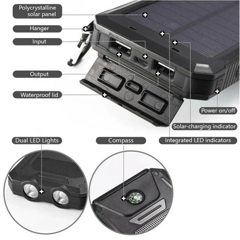 Solar Power Bank 500000mAh with Dual USB Ports and Built-in LED Lights, IP44 Waterproof
