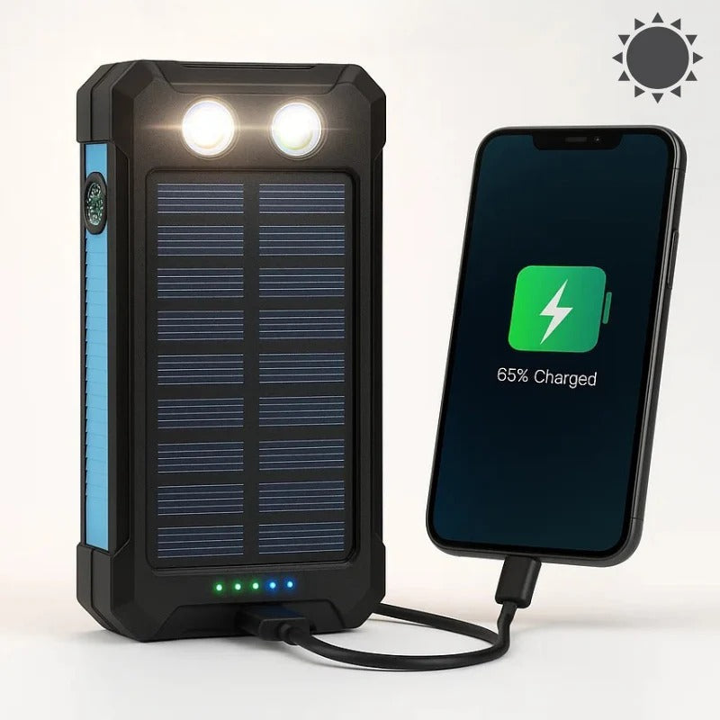 Solar Power Bank 500000mAh with Dual USB Ports and Built-in LED Lights, IP44 Waterproof