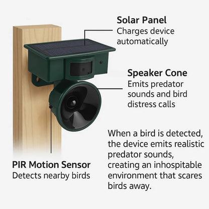 Solar Motion Sensor Bird Repeller with Predator Sound and Adjustable Frequency