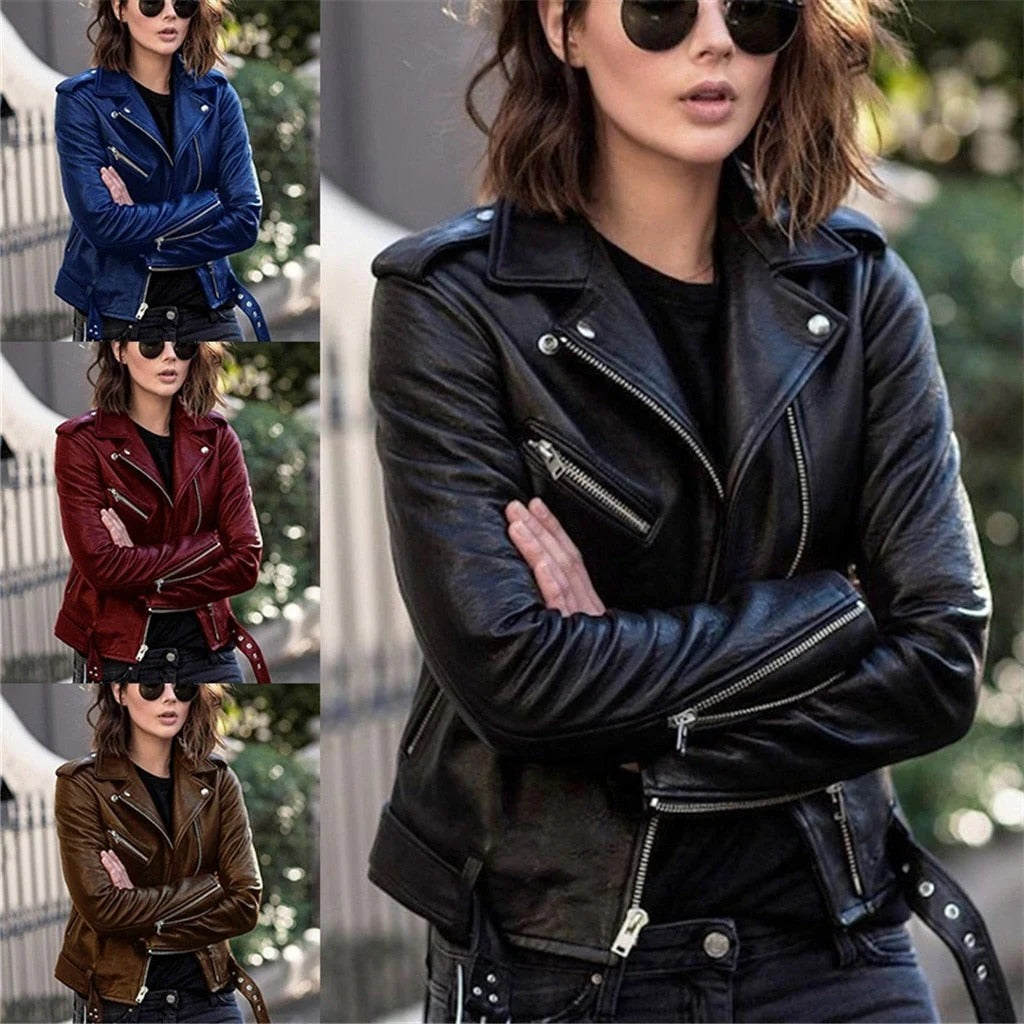 Leather Biker Jacket with Multiple Zippered Pockets and Tailored Fit