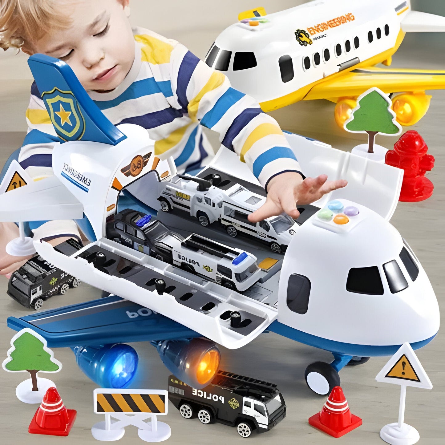 Friction Powered Cargo Plane with Interactive Lights and Sound, 20-Piece Rescue Set