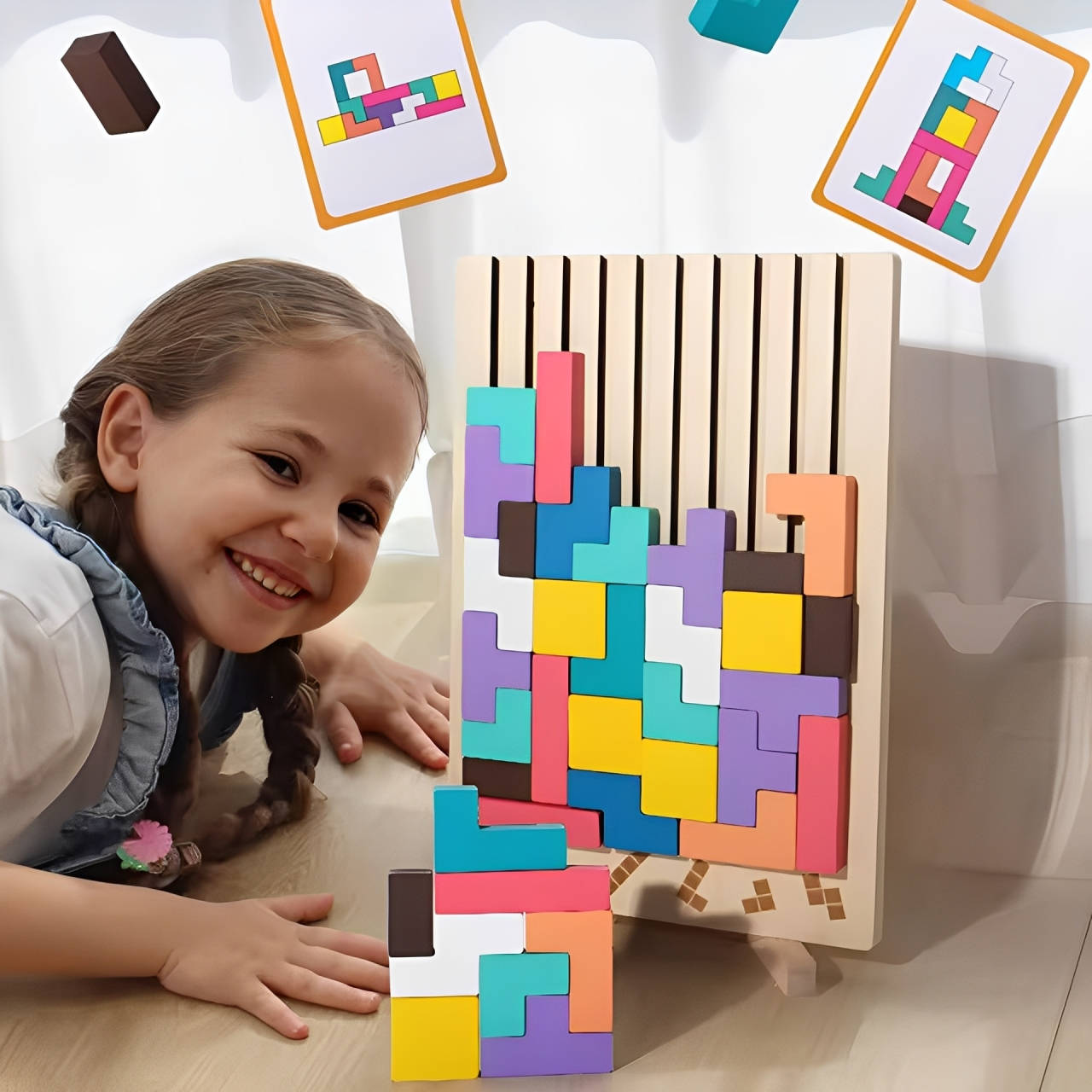 Wooden Block Puzzle Set with Foldout Stand and 10 Puzzle Cards, 42 Pieces