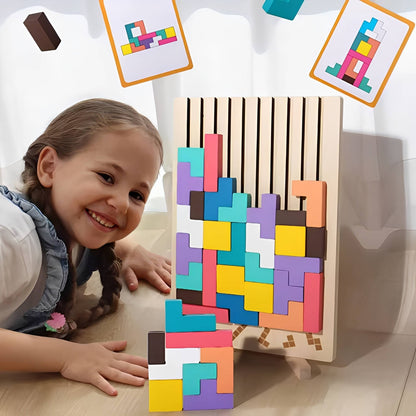 Wooden Block Puzzle Set with Foldout Stand and 10 Puzzle Cards, 42 Pieces
