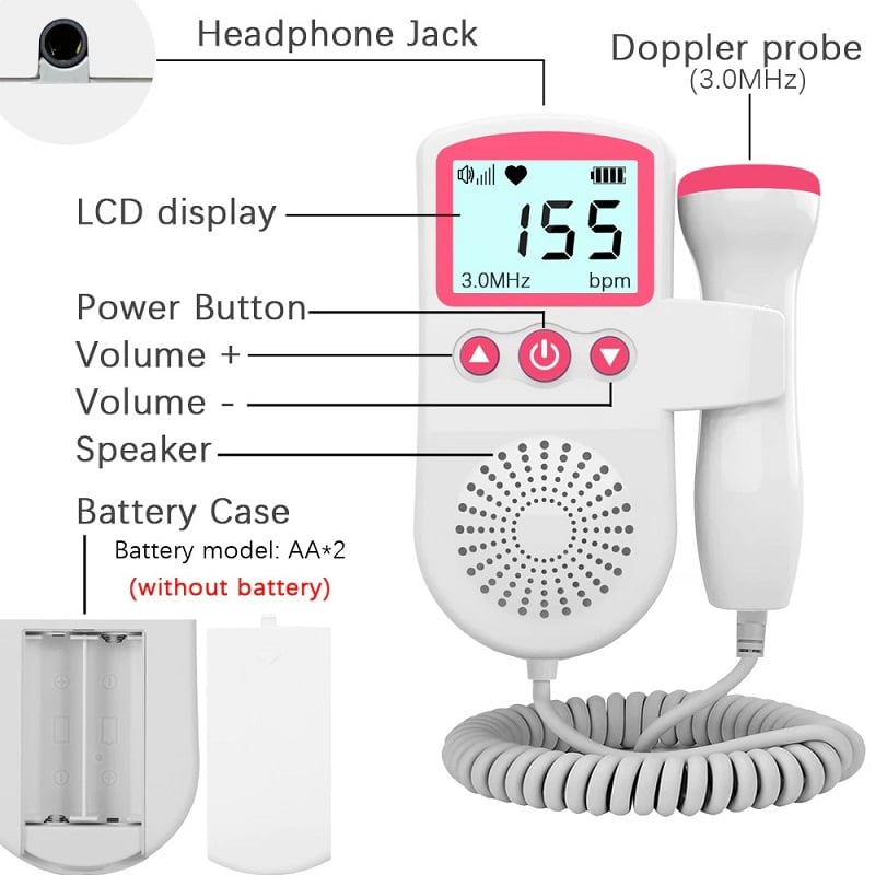 Portable Fetal Doppler with 3MHz Ultrasound Probe and Backlit LCD Display