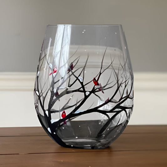 Hand Painted Seasonal Tree Wine Glass with 12oz Capacity, Dishwasher Safe