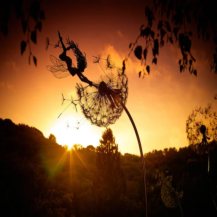 Metal Fairy Garden Stake with Detailed Wings and Dandelion Accents, 25-45 Inches