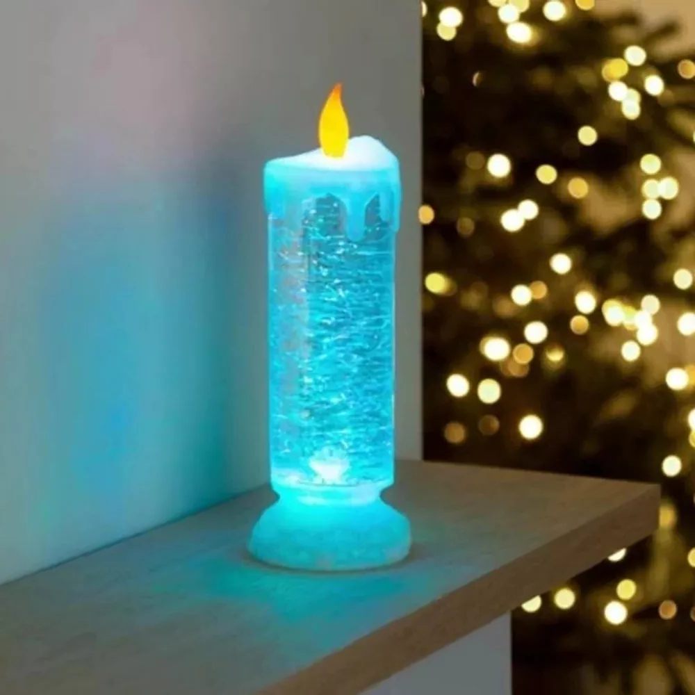 Color Changing LED Candle with Rotating Glitter and Warm Flicker, USB or Battery Power