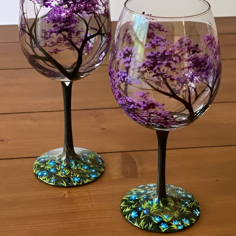 Hand Painted Seasonal Tree Wine Glass with 12oz Capacity, Dishwasher Safe