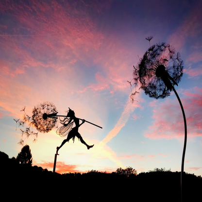 Metal Fairy Garden Stake with Detailed Wings and Dandelion Accents, 25-45 Inches